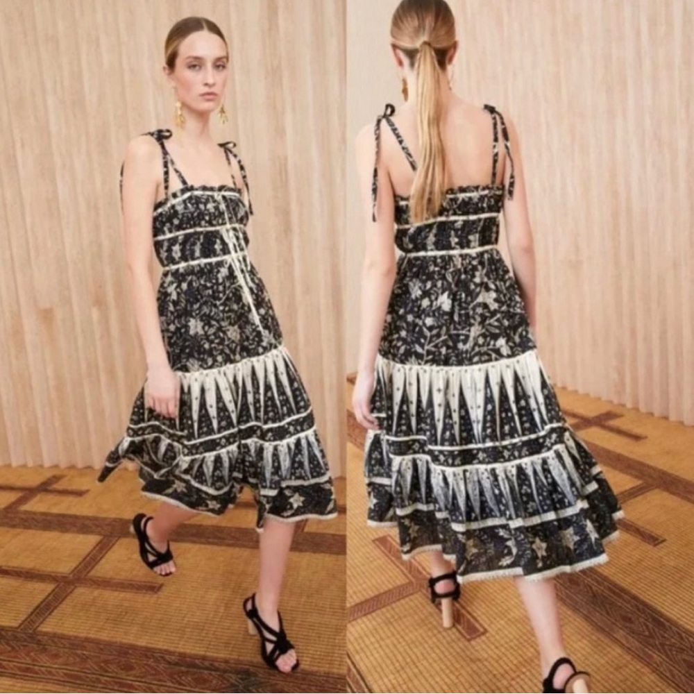 Ulla Johnson Indah Dress in rain forest midi length ties at shoulder size 6